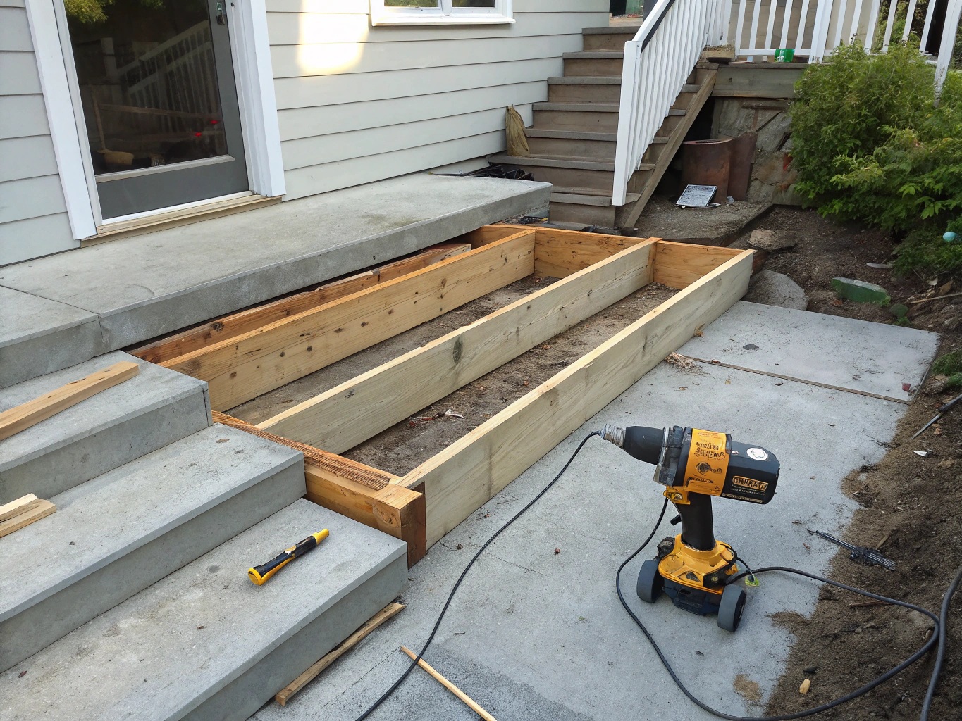 Precision engineered deck stairs and structural footing detail during renovation