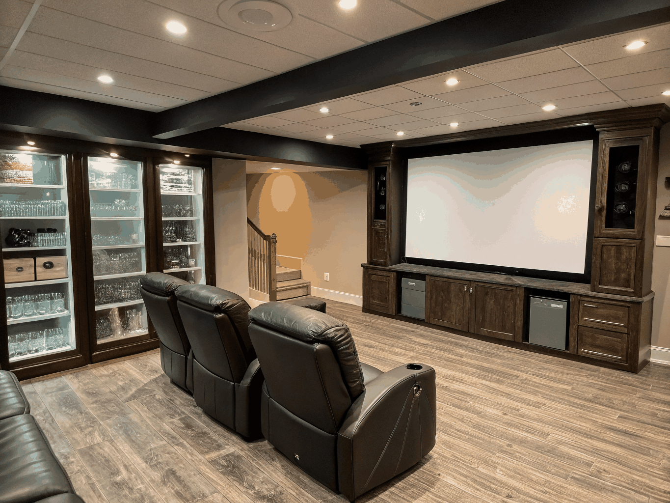 Polished finished basement recreation room with custom bar, recessed lighting, and media lounge