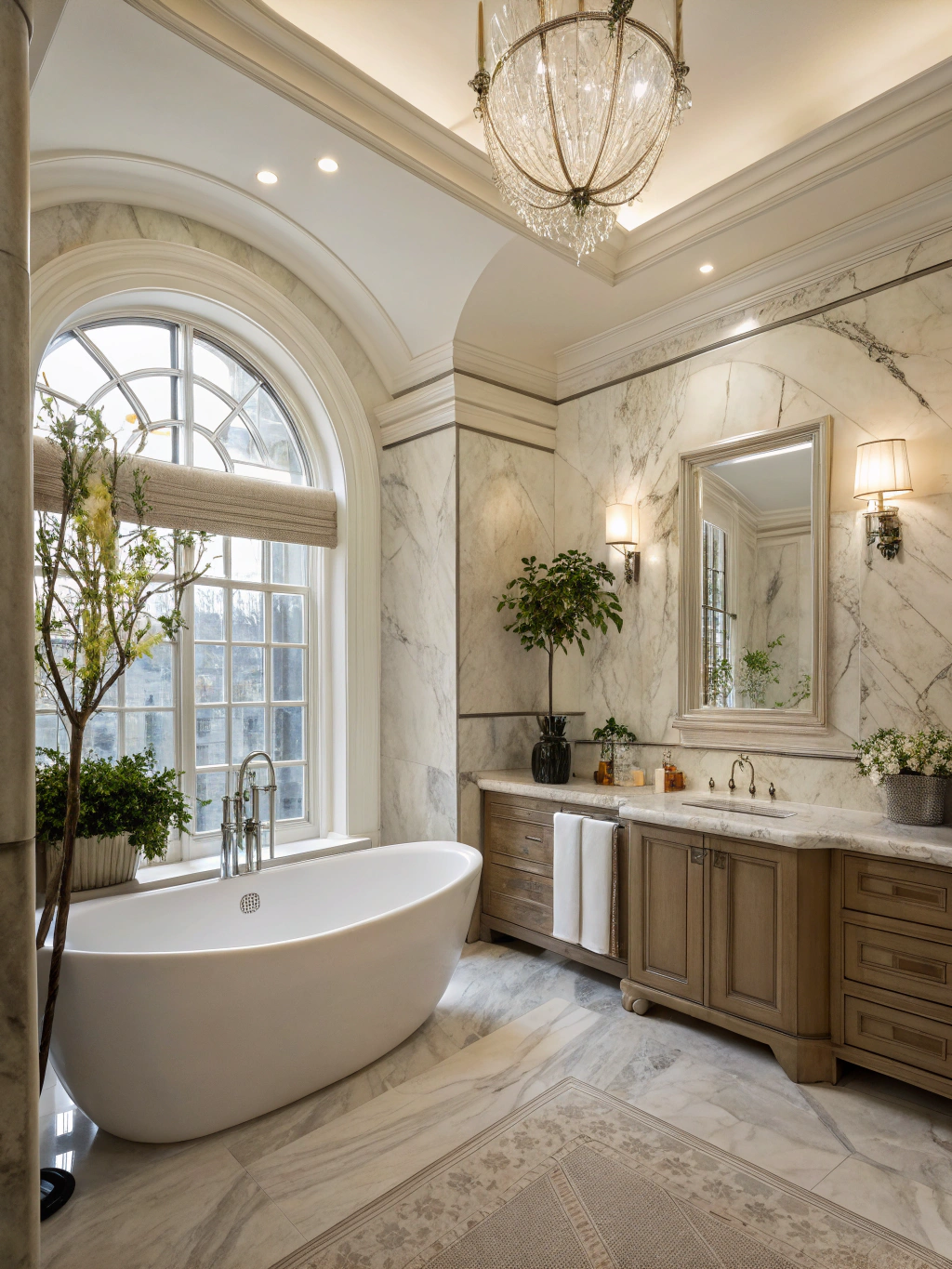 Freestanding soaking tub and floor-to-ceiling porcelain tile bathroom remodel in a Brookhaven home