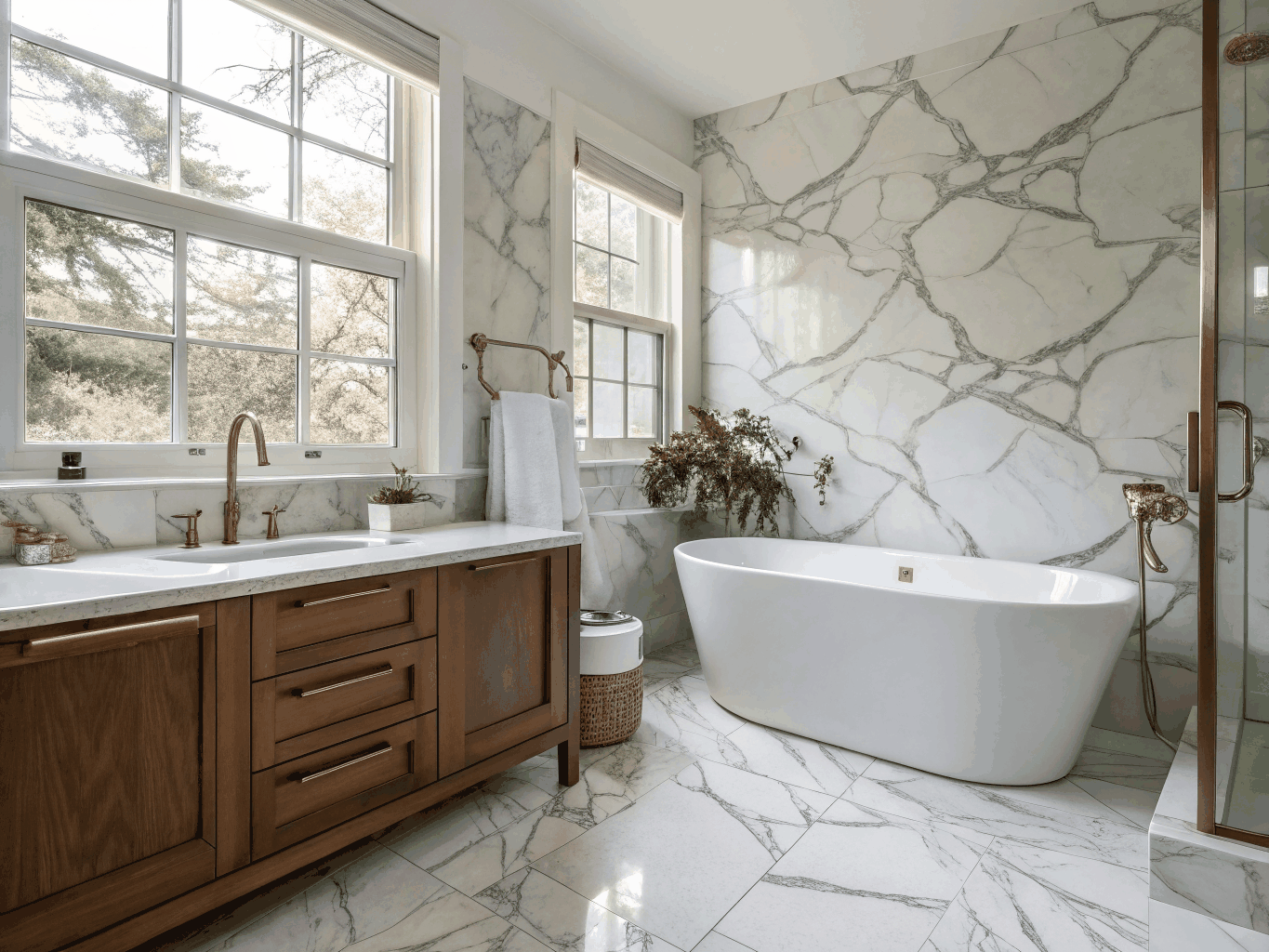 Classic master bathroom with soaking tub and white oak double vanity