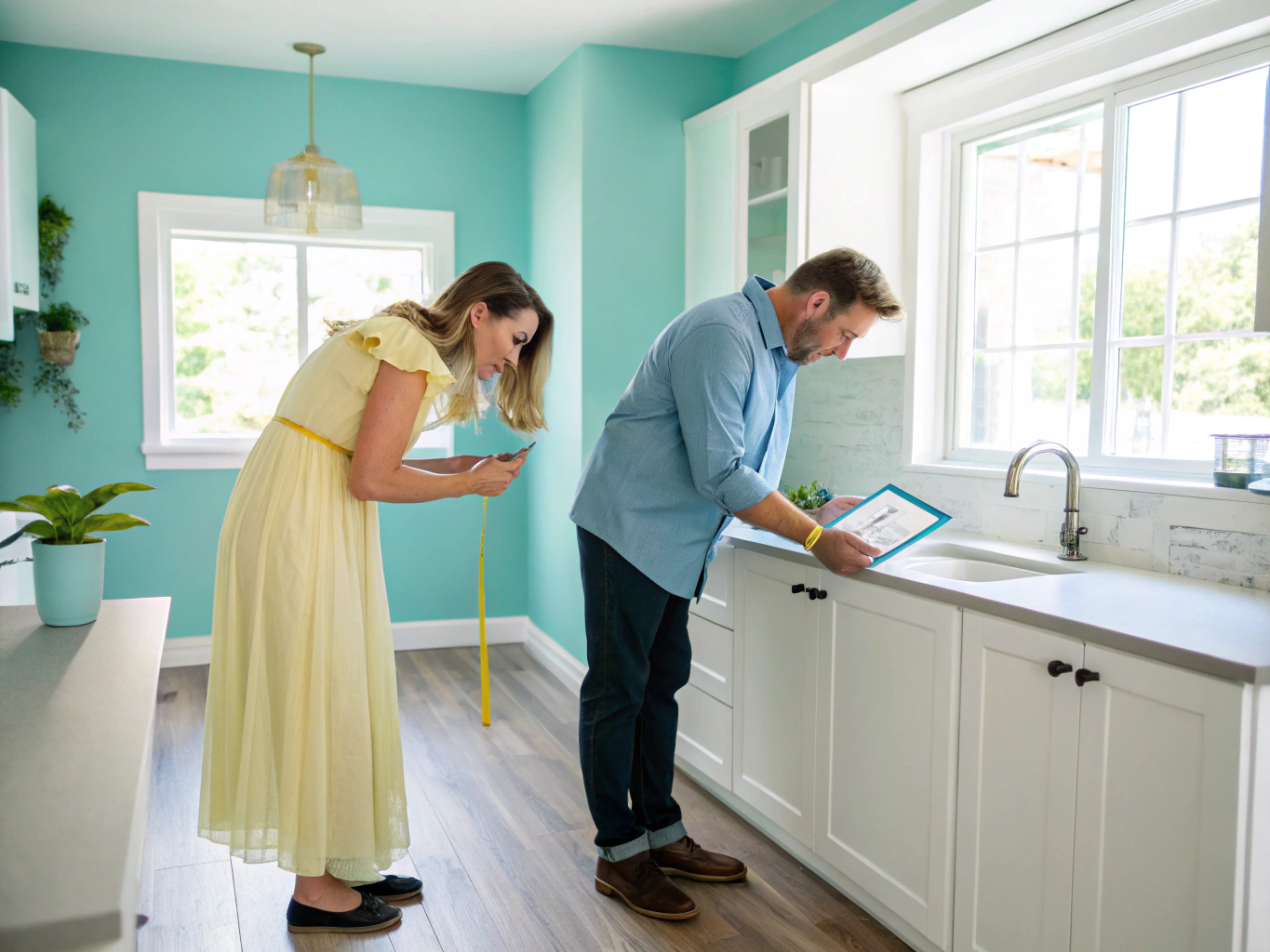 Architectural contractor discussing home addition layout with homeowners at kitchen island