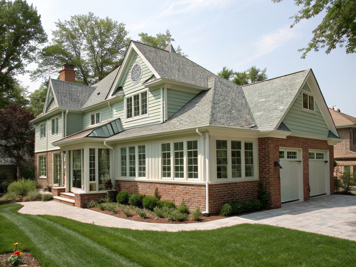 Architectural home addition with cohesive brick facade, large grid windows, and covered entrance