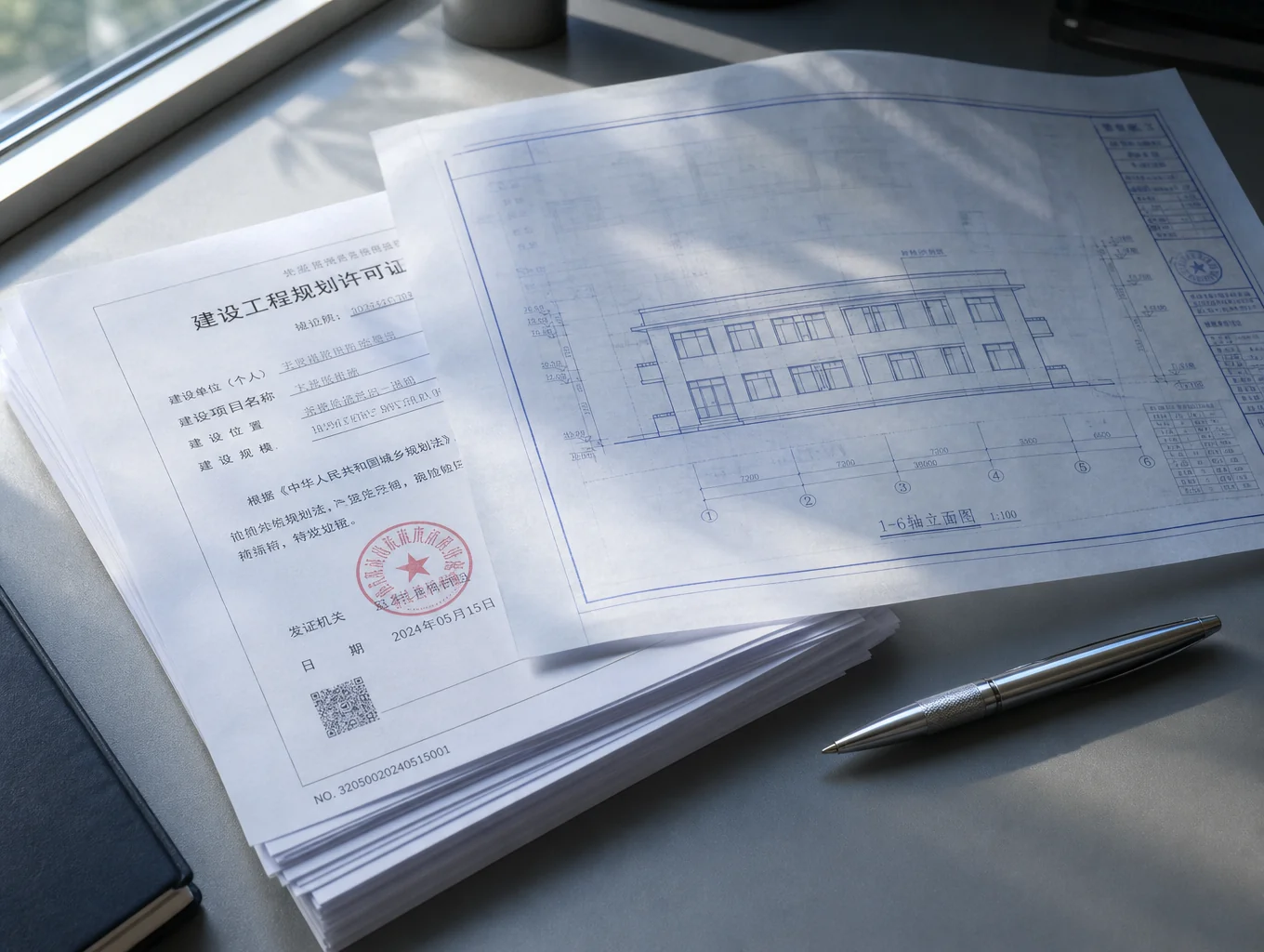 Official municipal building permit stamps and site plans on project table