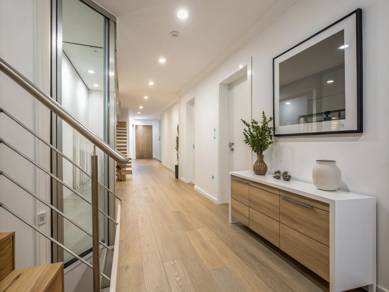 Custom architectural millwork and redesigned interior staircase hallway