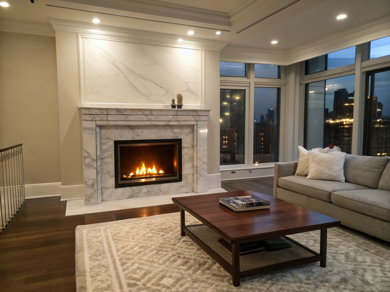 Renovated living room with bespoke fireplace surround, custom built-ins, and natural daylight