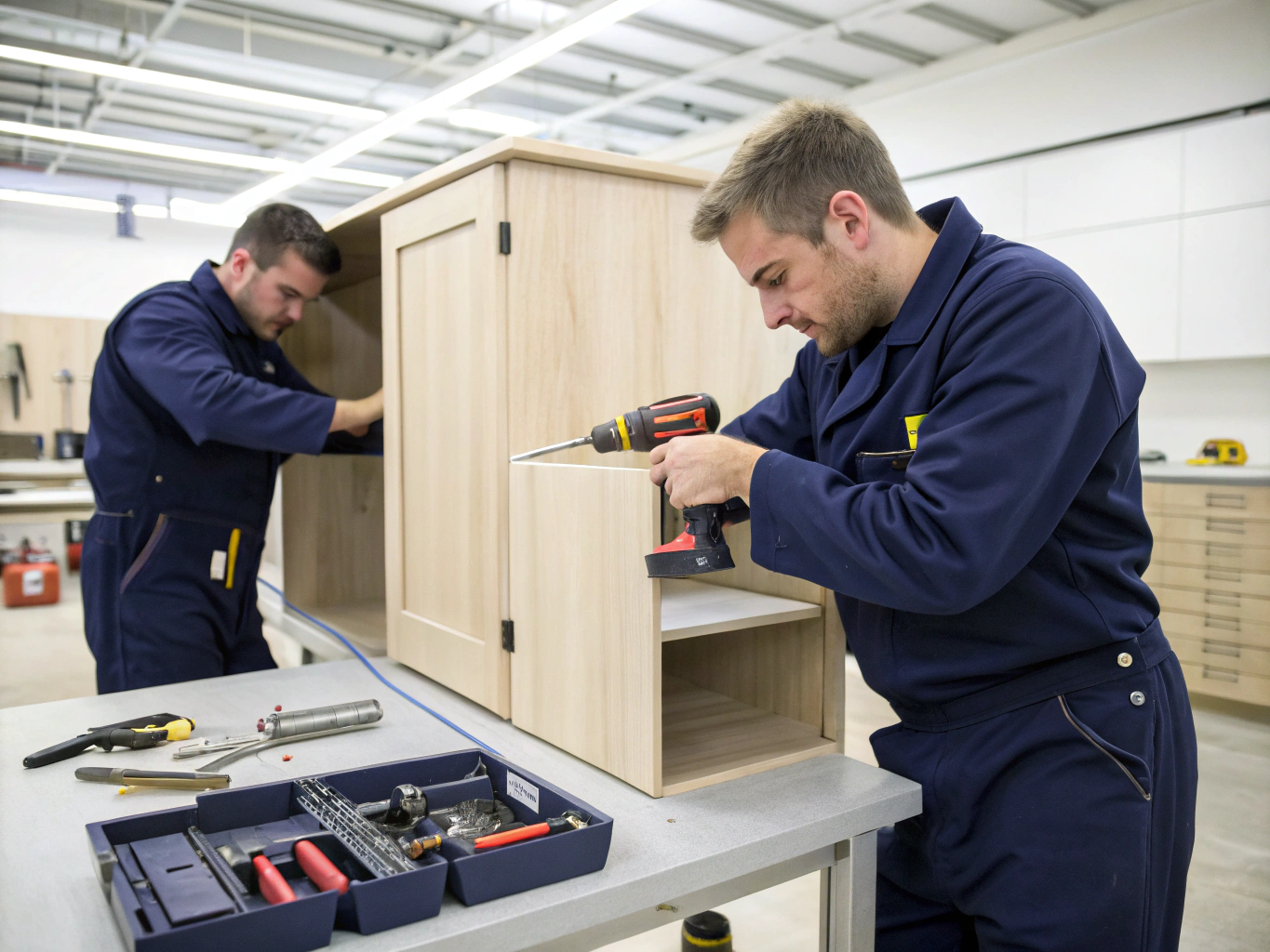 Skilled carpenter installing solid wood kitchen island cabinetry and recessed overhead lighting