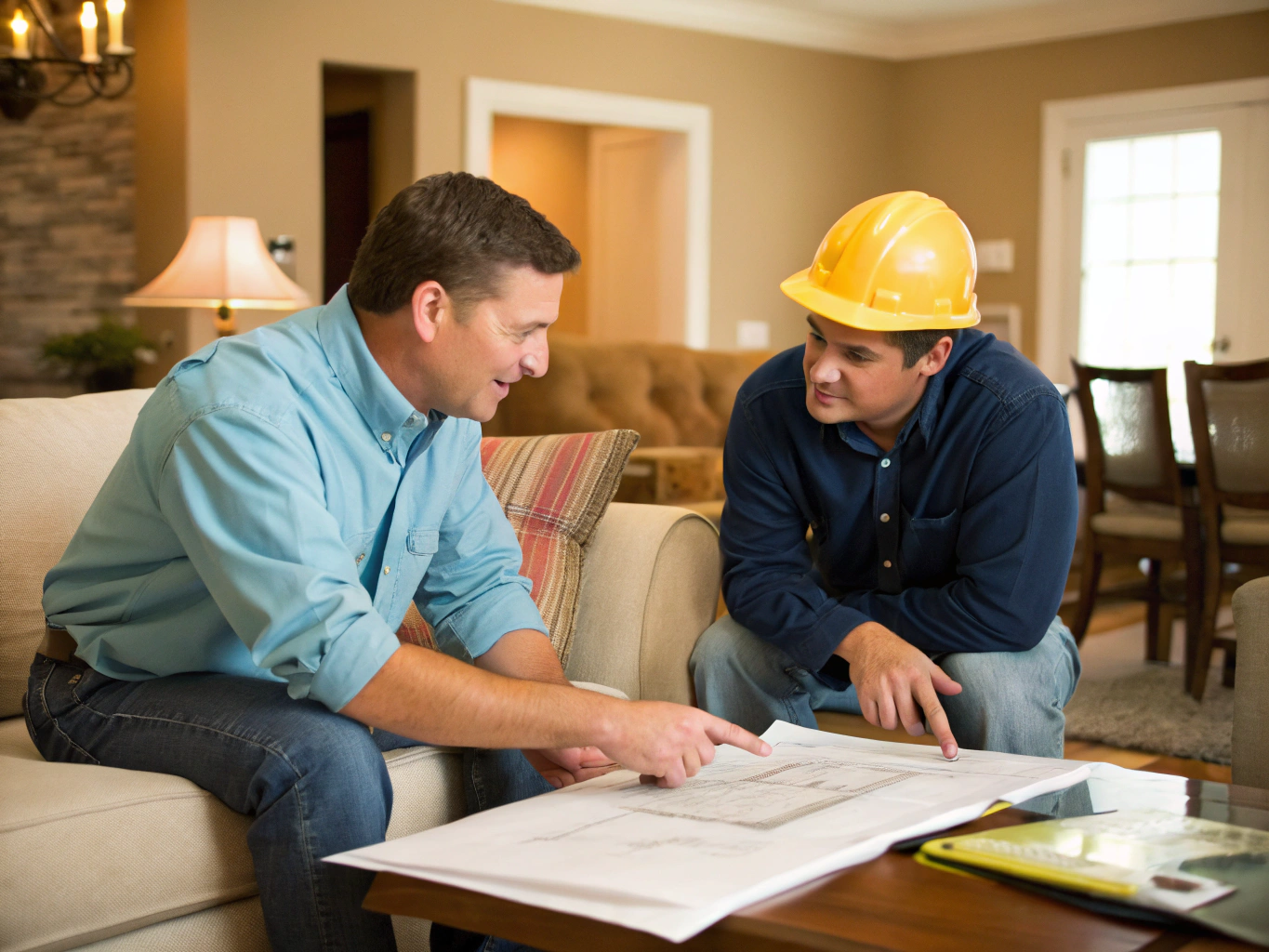 Homeowner and renovation specialist reviewing architectural kitchen plans at an island