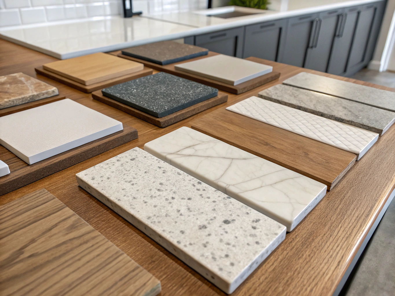 Samples of natural stone quartz countertops, custom shaker cabinet swatches, and brushed brass hardware