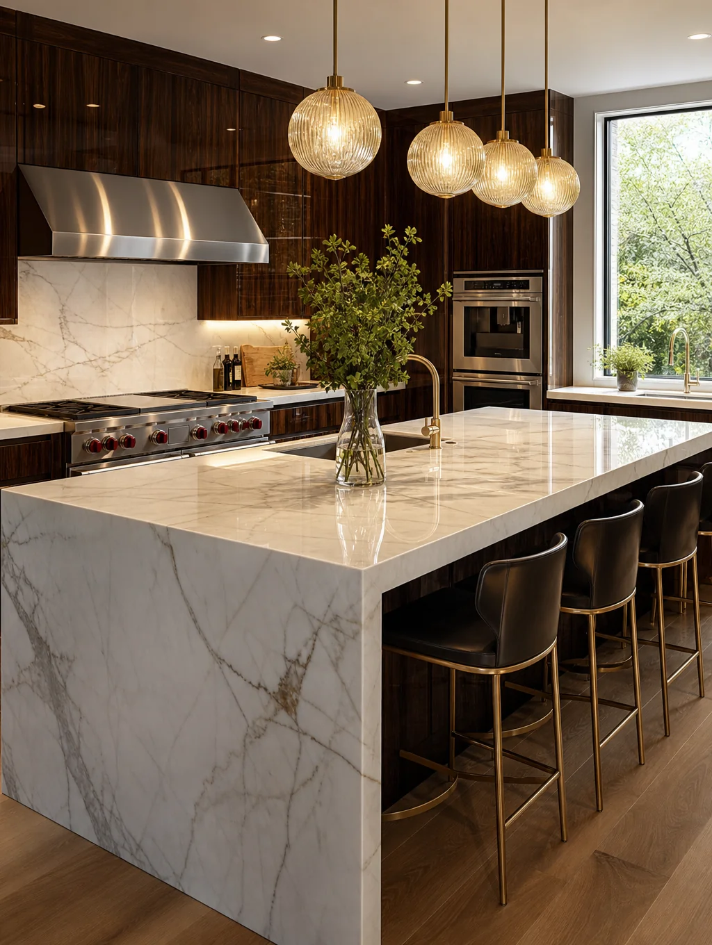 Custom kitchen renovation featuring marble waterfall island and handcrafted cabinetry in Brookhaven