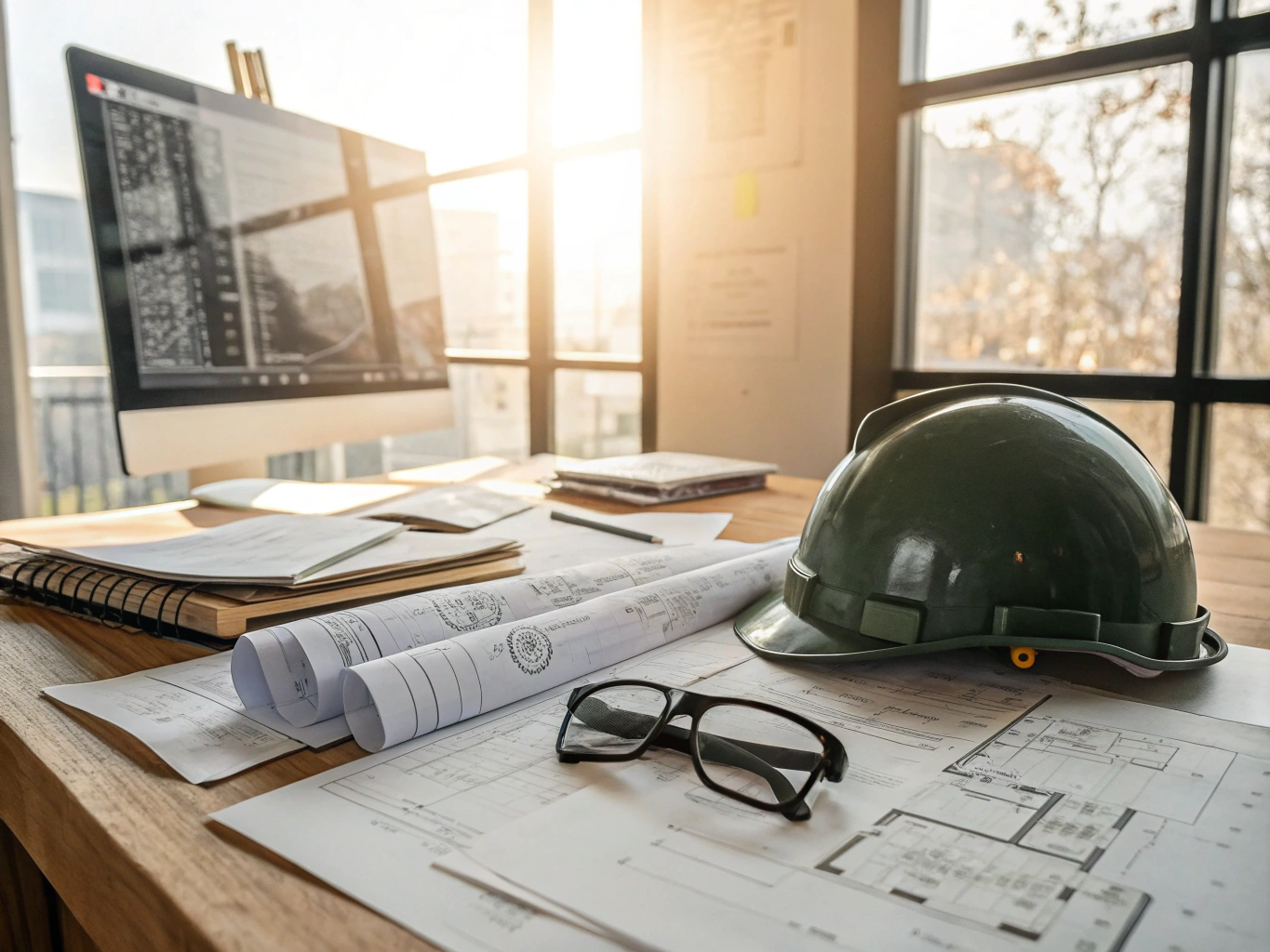 Architectural blueprints and approved municipal building permits spread out over a wooden work surface