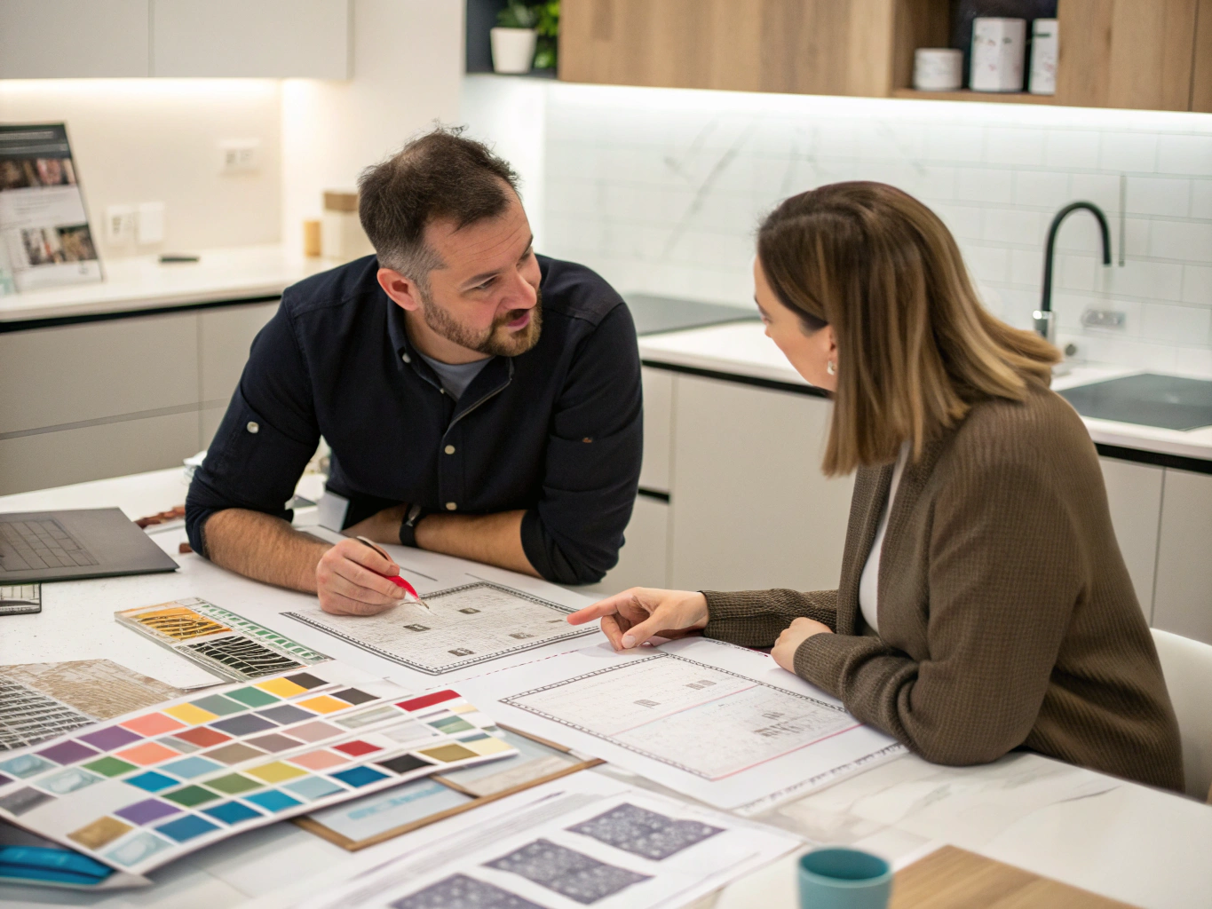 Homeowners and designer reviewing floor plan priorities on an island counter
