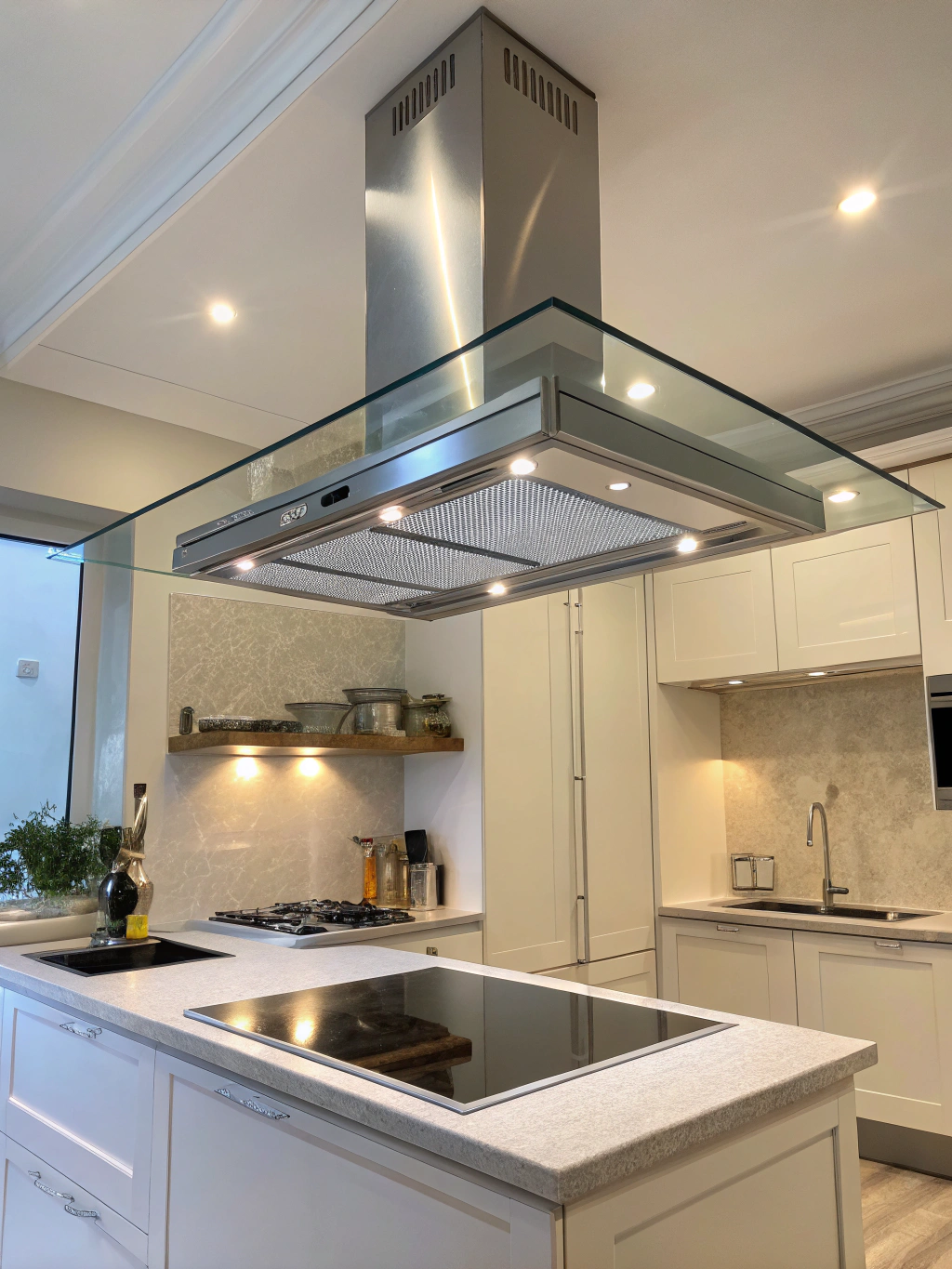 Kitchen remodeling detail with brass hardware, custom range hood, and tile backsplash