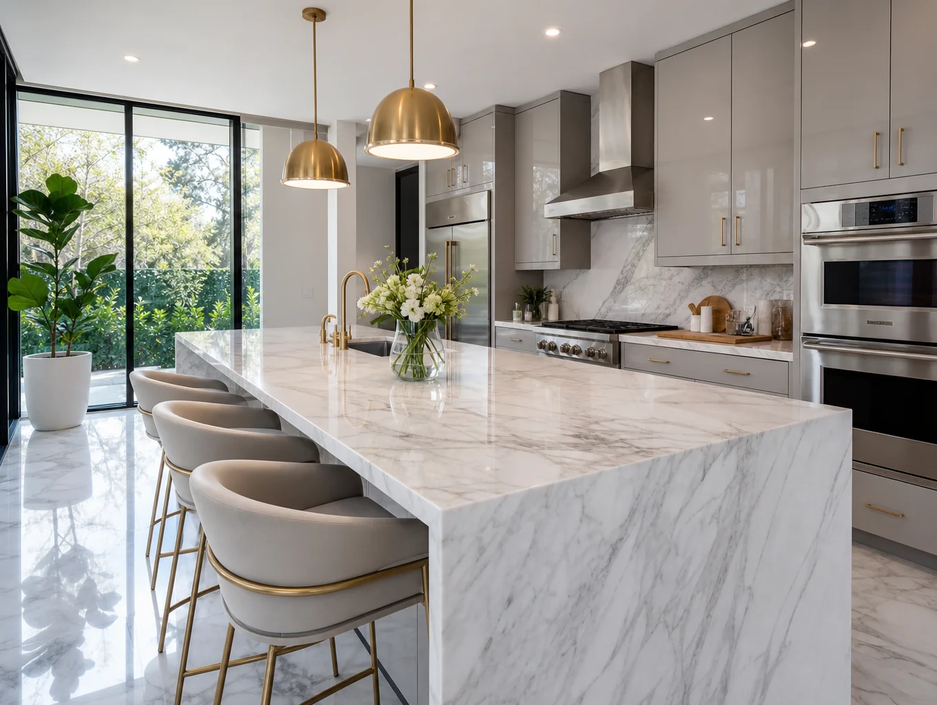 Renovated luxury kitchen with white oak cabinets, marble island, and designer pendant lighting in Brookhaven