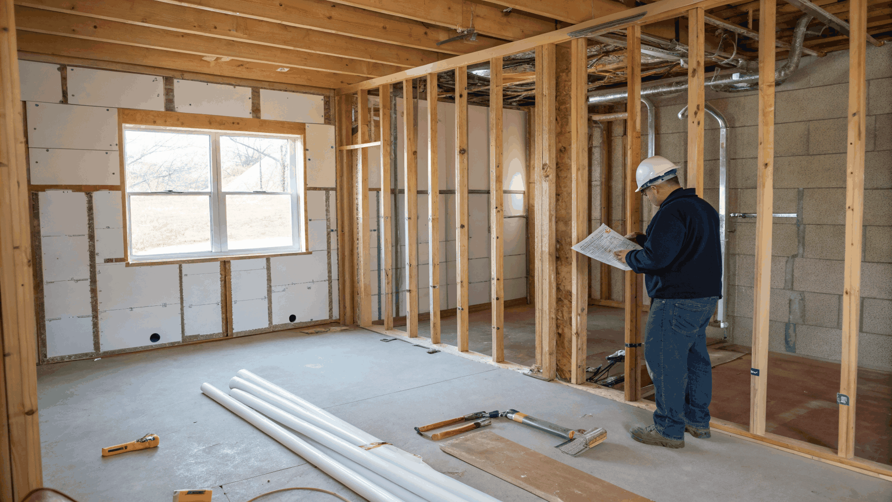 Kitchen renovation construction site showing open wall studs, electrical conduits, and relocated plumbing lines