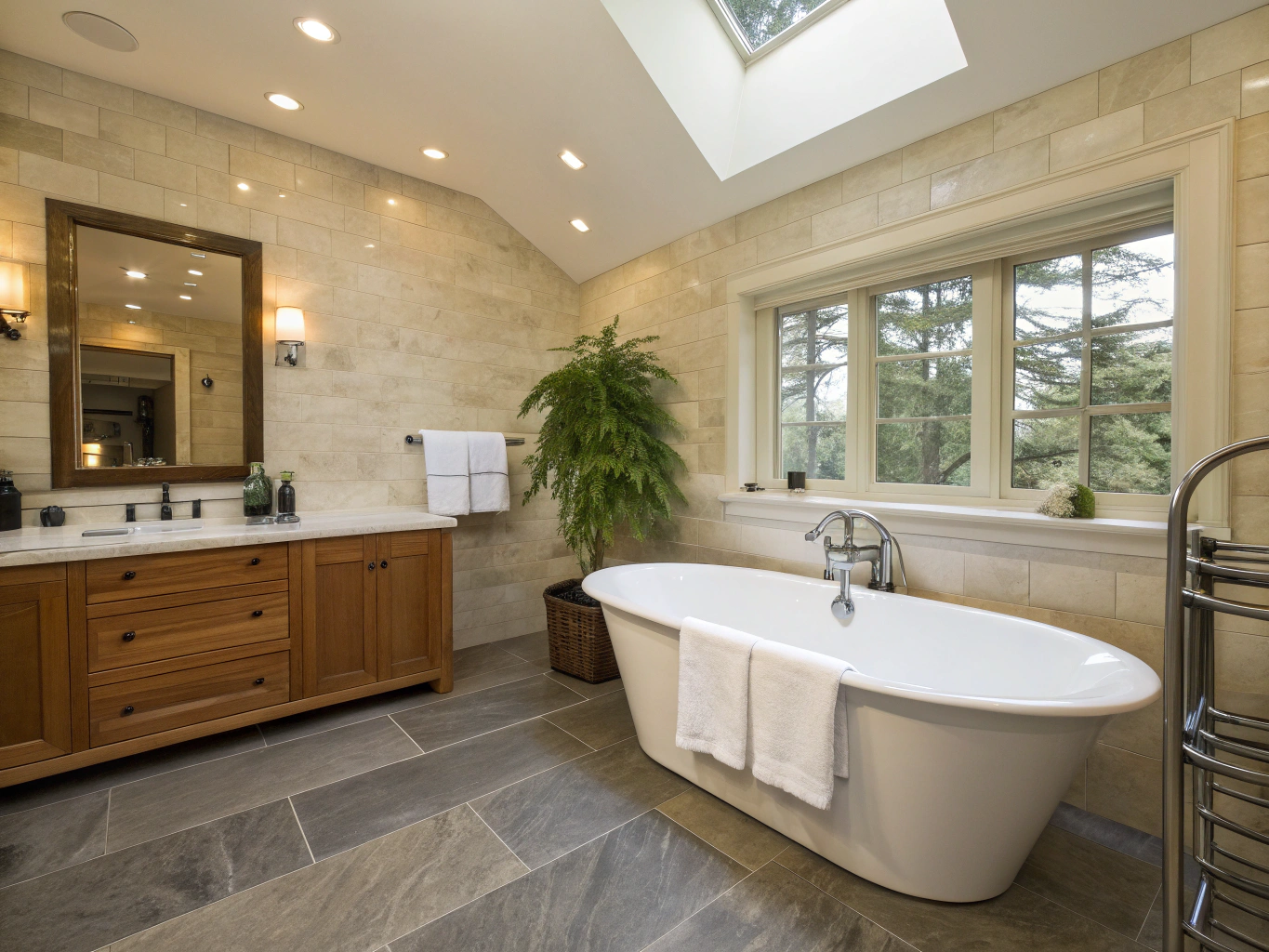 Completed luxury bathroom featuring a freestanding soaking tub and dual white oak vanity