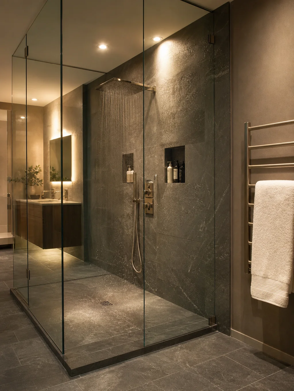 Custom walk-in shower with natural stone tile and brass fixtures in a renovated Brookhaven bathroom