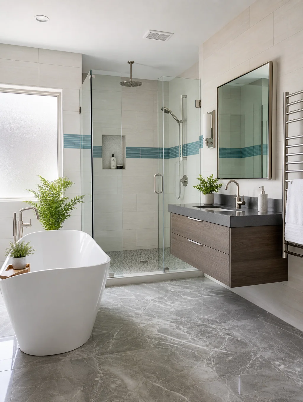 Master bathroom remodel featuring a freestanding bathtub and marble tiling