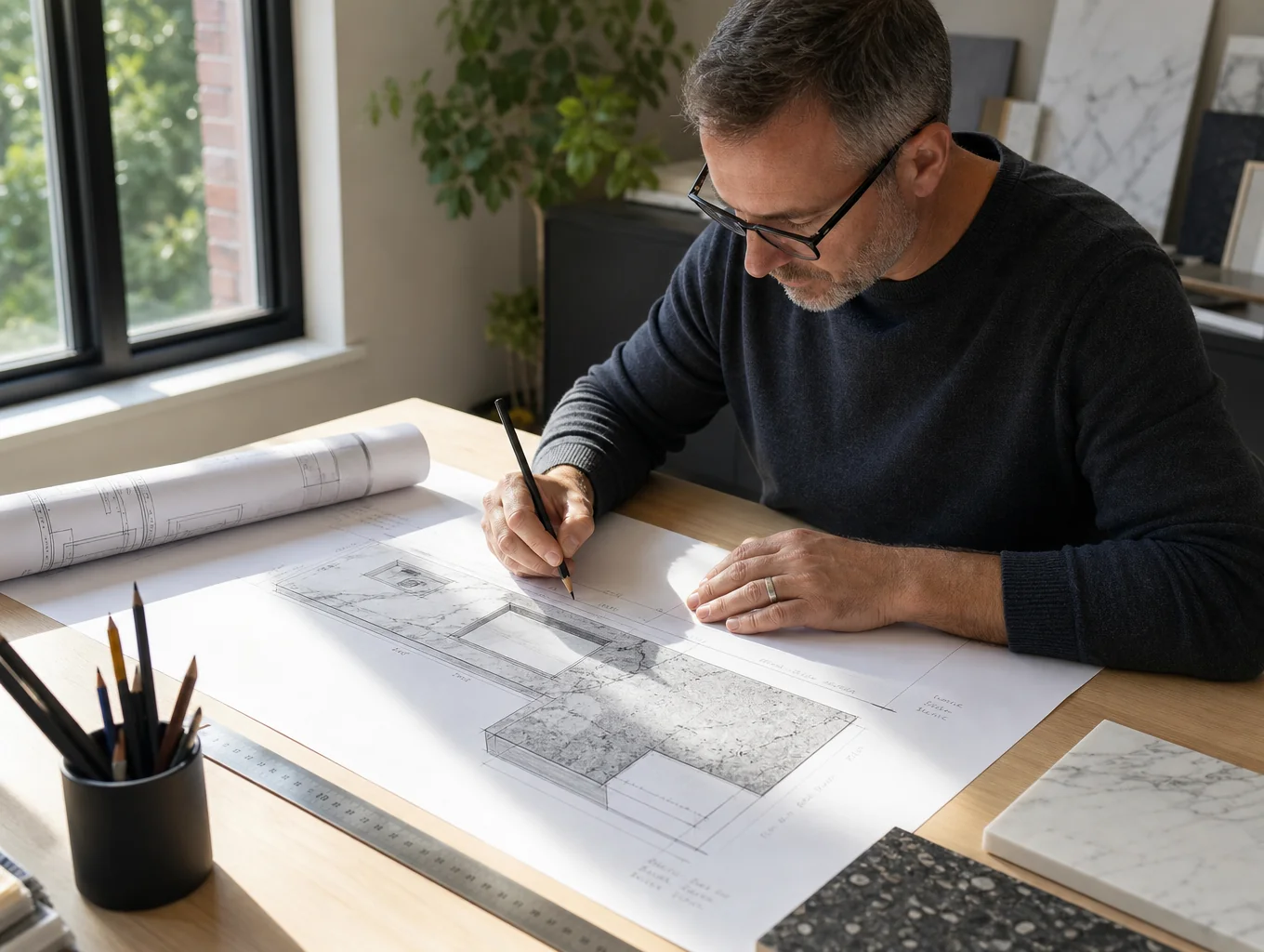 Designer reviewing custom tile, marble samples, and cabinetry finishes on a drafting table
