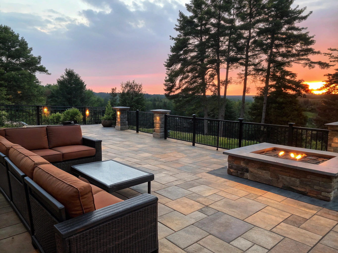 Finished stone patio with outdoor fireplace and comfortable lounge seating