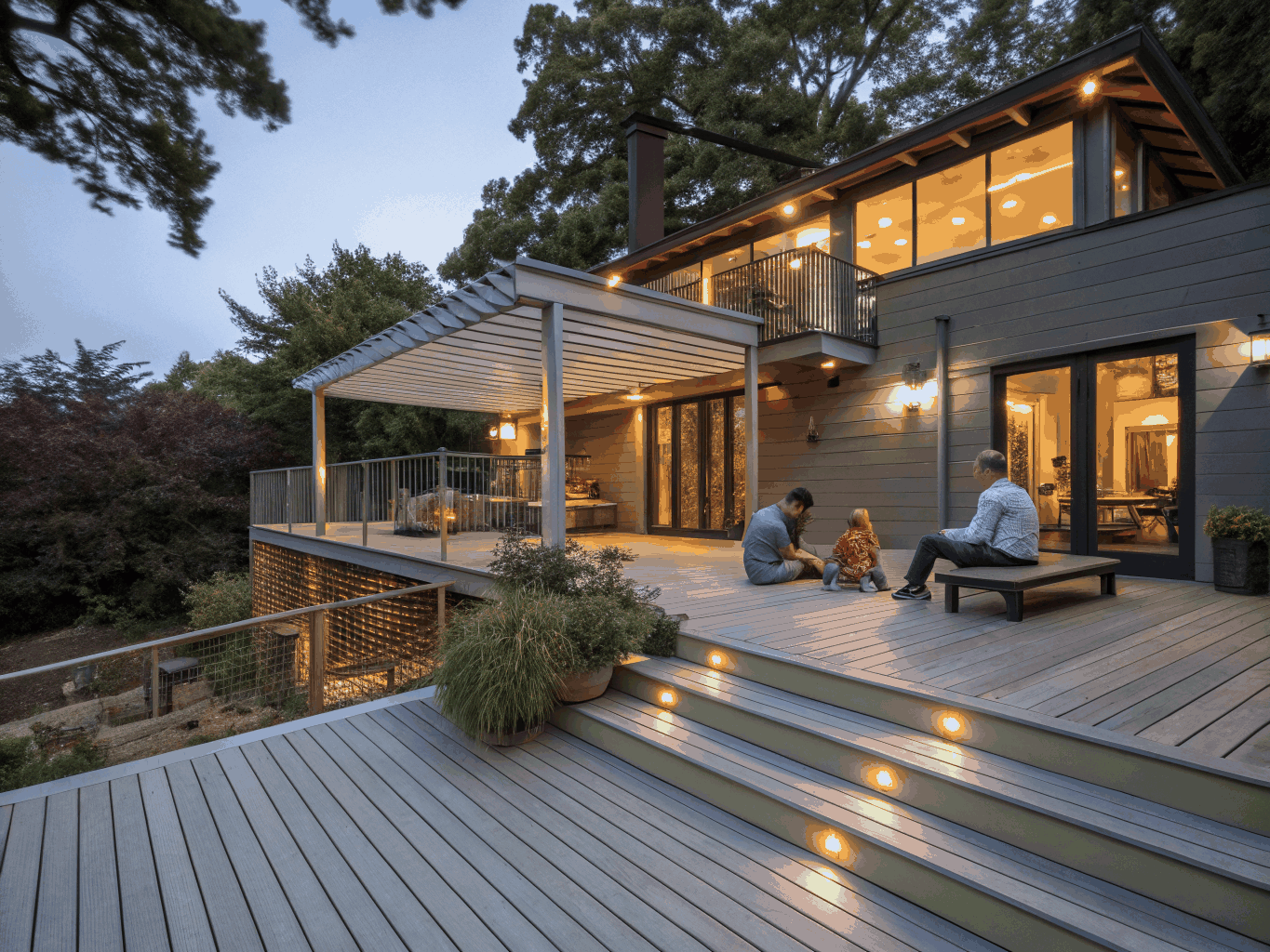 Multi level architectural outdoor deck with built-in kitchen and modern metal railings