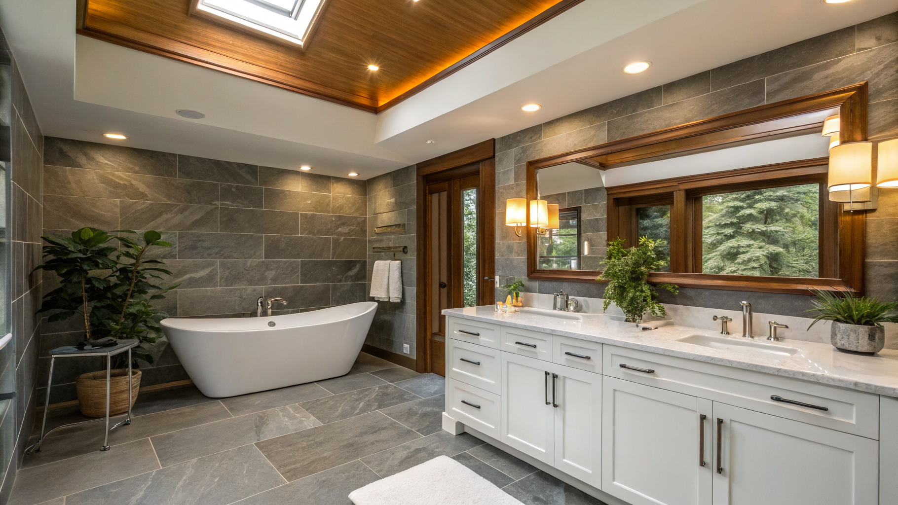Double vanity cabinetry with quartz countertop, wall-mounted fixtures, and integrated LED mirrors