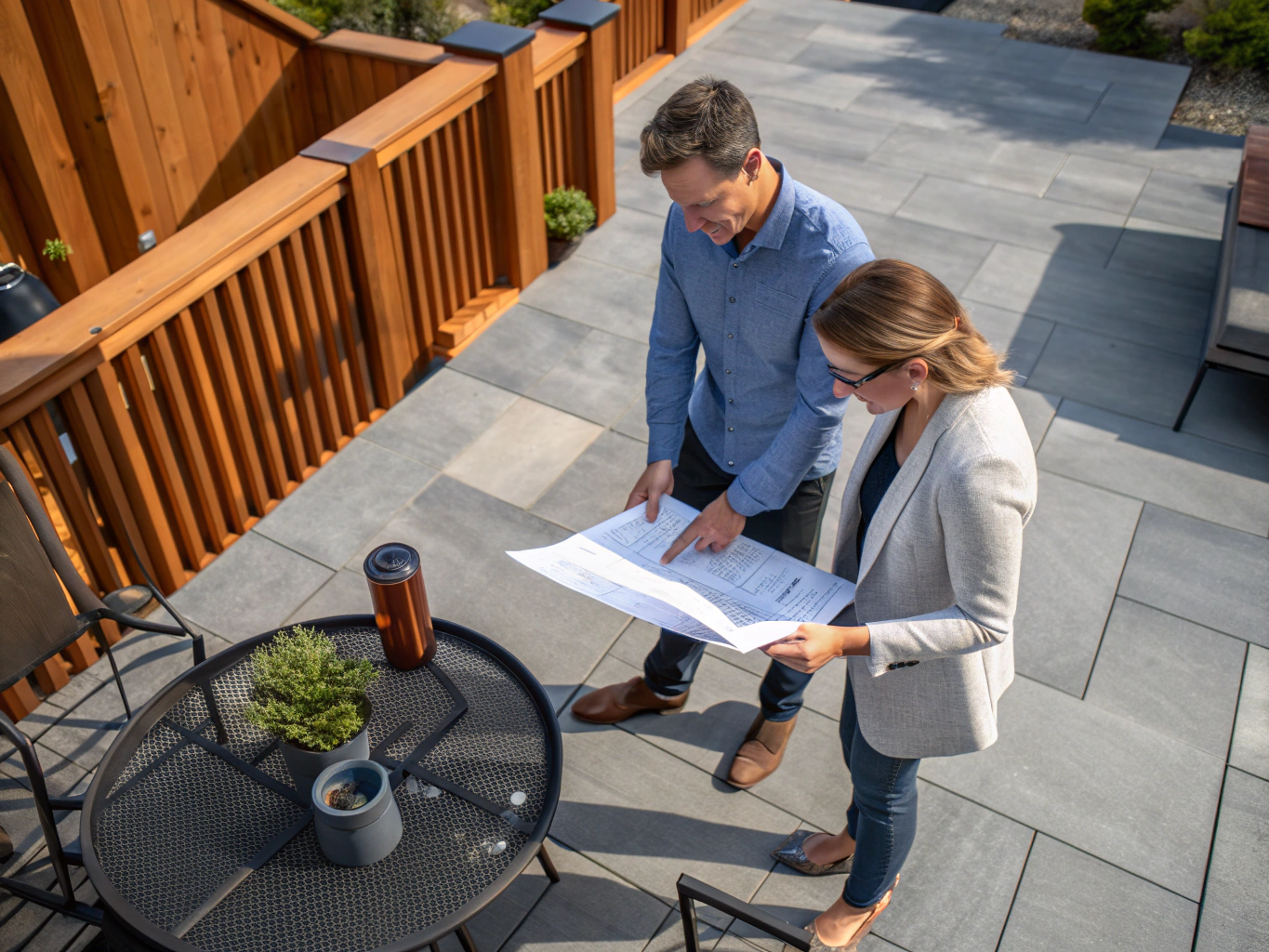 Contractor reviewing outdoor patio blueprints with homeowners in backyard