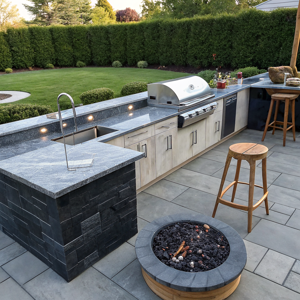 Built-in outdoor kitchen with granite prep counters and stainless steel grill