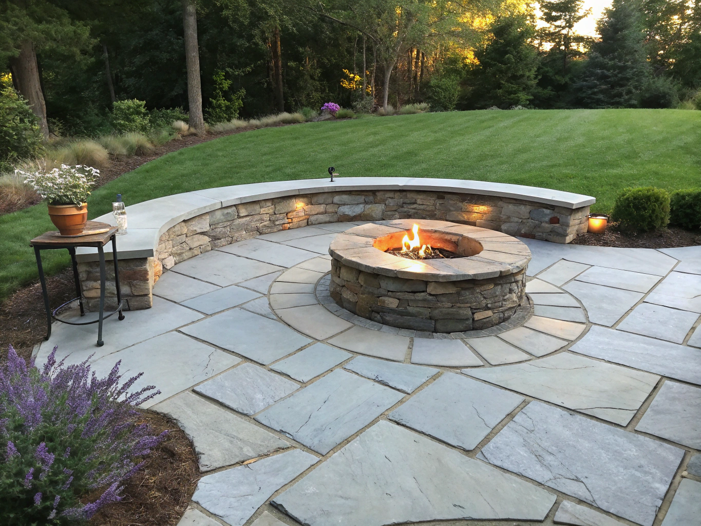 Covered outdoor patio with stone fireplace and outdoor seating