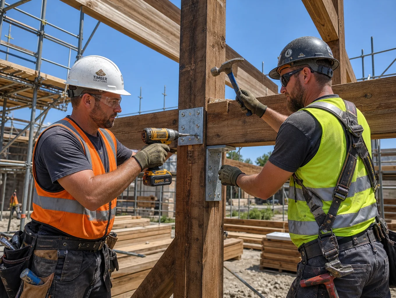 Skilled carpenters constructing timber frame beams for covered outdoor porch