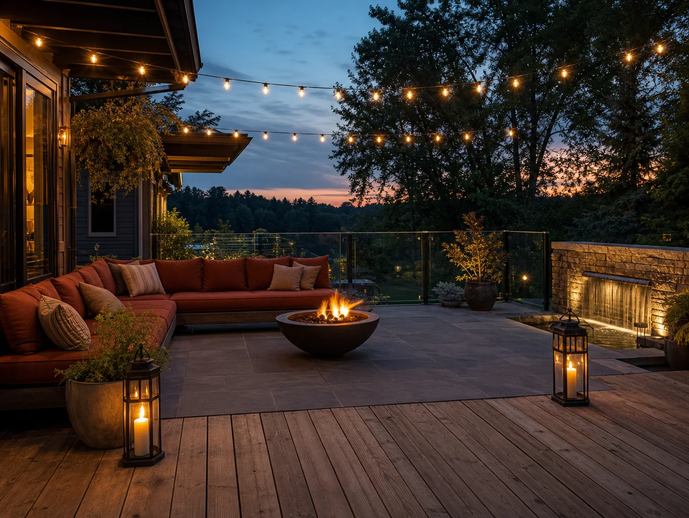 Covered outdoor living patio renovation with tongue-and-groove cedar ceiling, stone fireplace, and comfortable lounge seating in Brookhaven