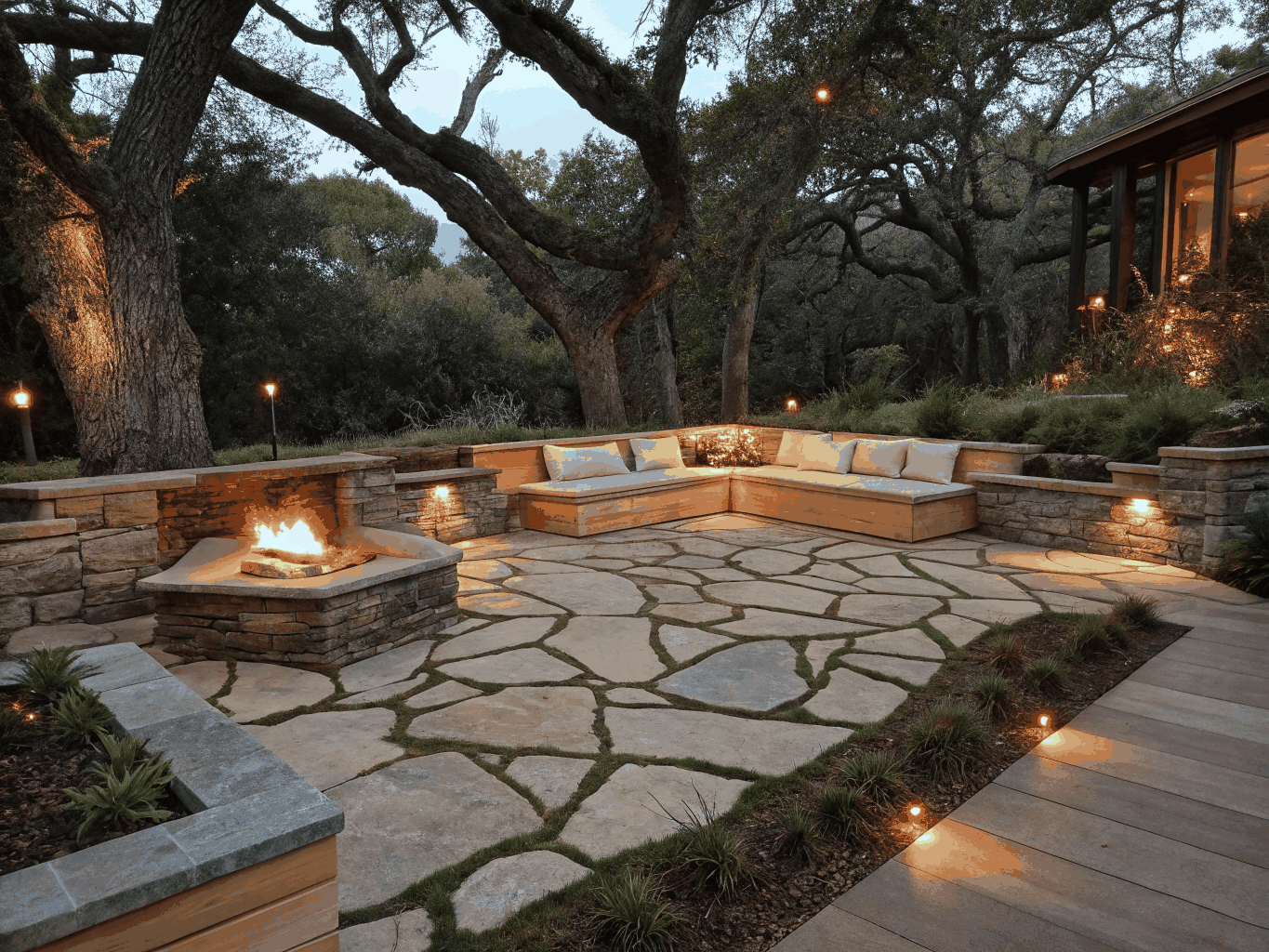 Covered stone patio with custom timber ceiling and outdoor fireplace