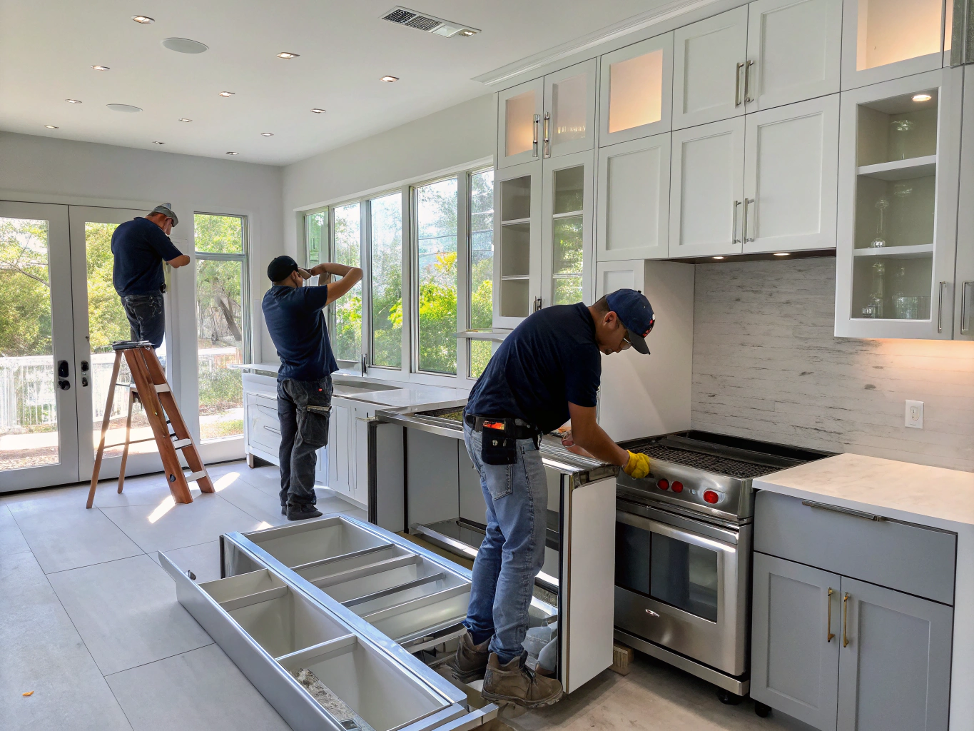 Skilled carpenters installing custom kitchen cabinetry during a whole-home renovation