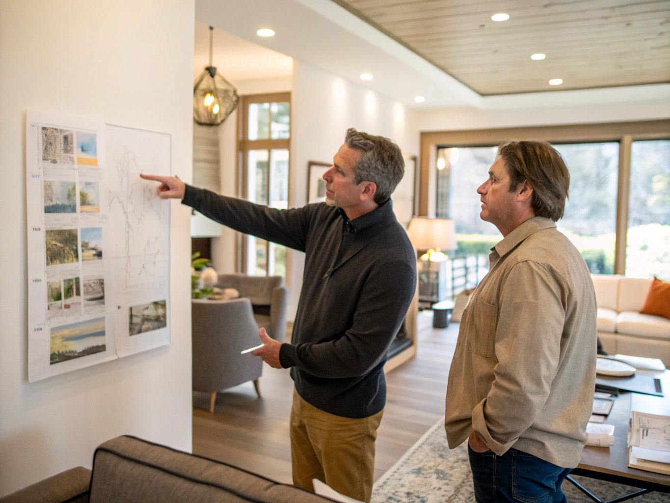 Homeowners and lead contractor discussing floor plans in an open living space