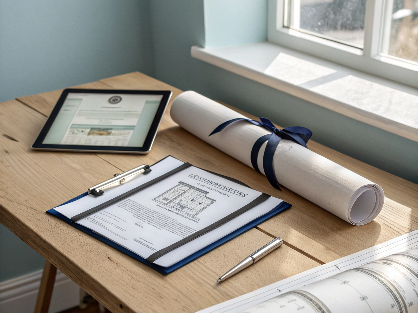 Approved architectural documents and premium hardwood flooring samples