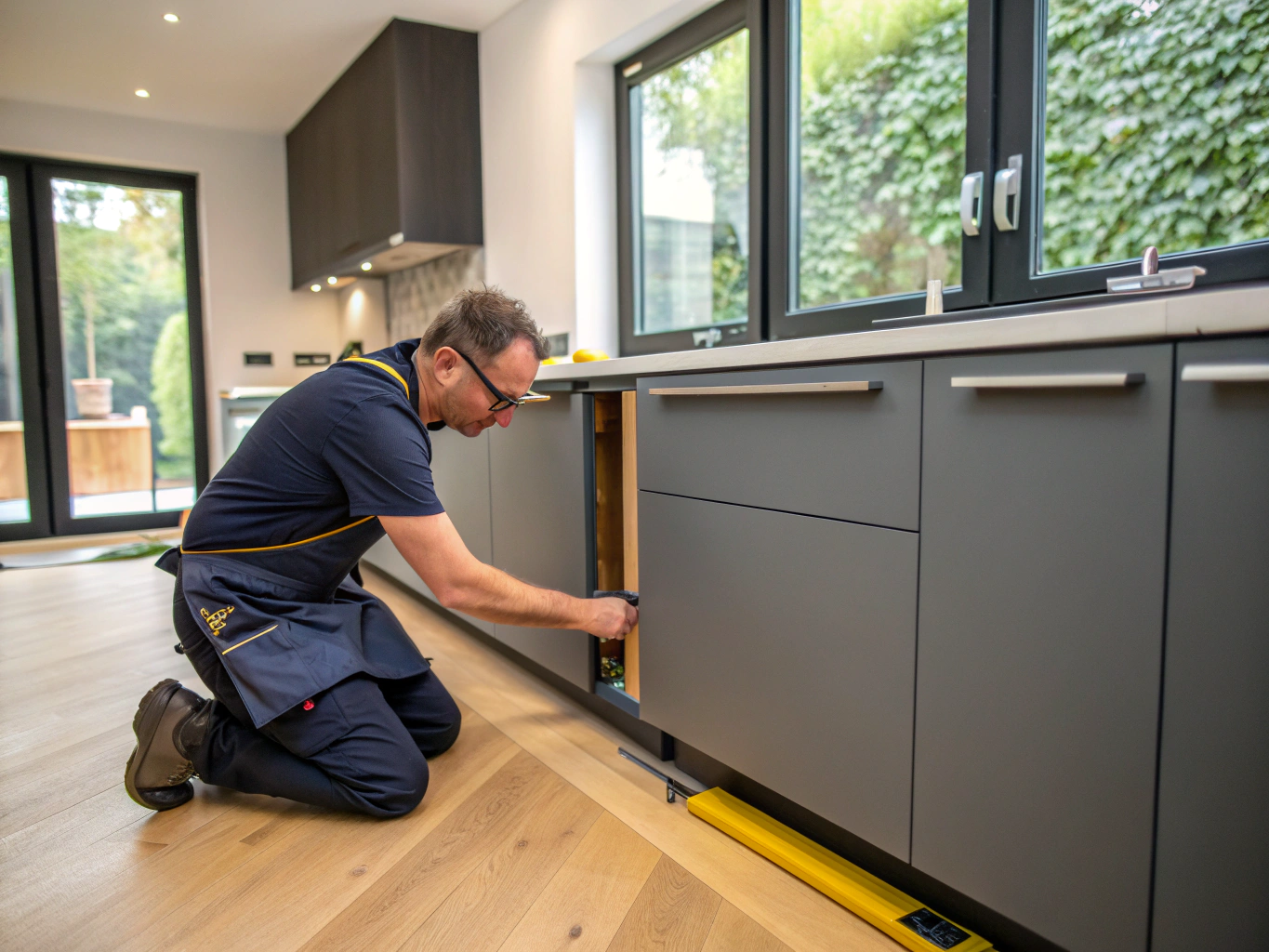 Carpenter installing custom white oak kitchen cabinetry during an interior remodel