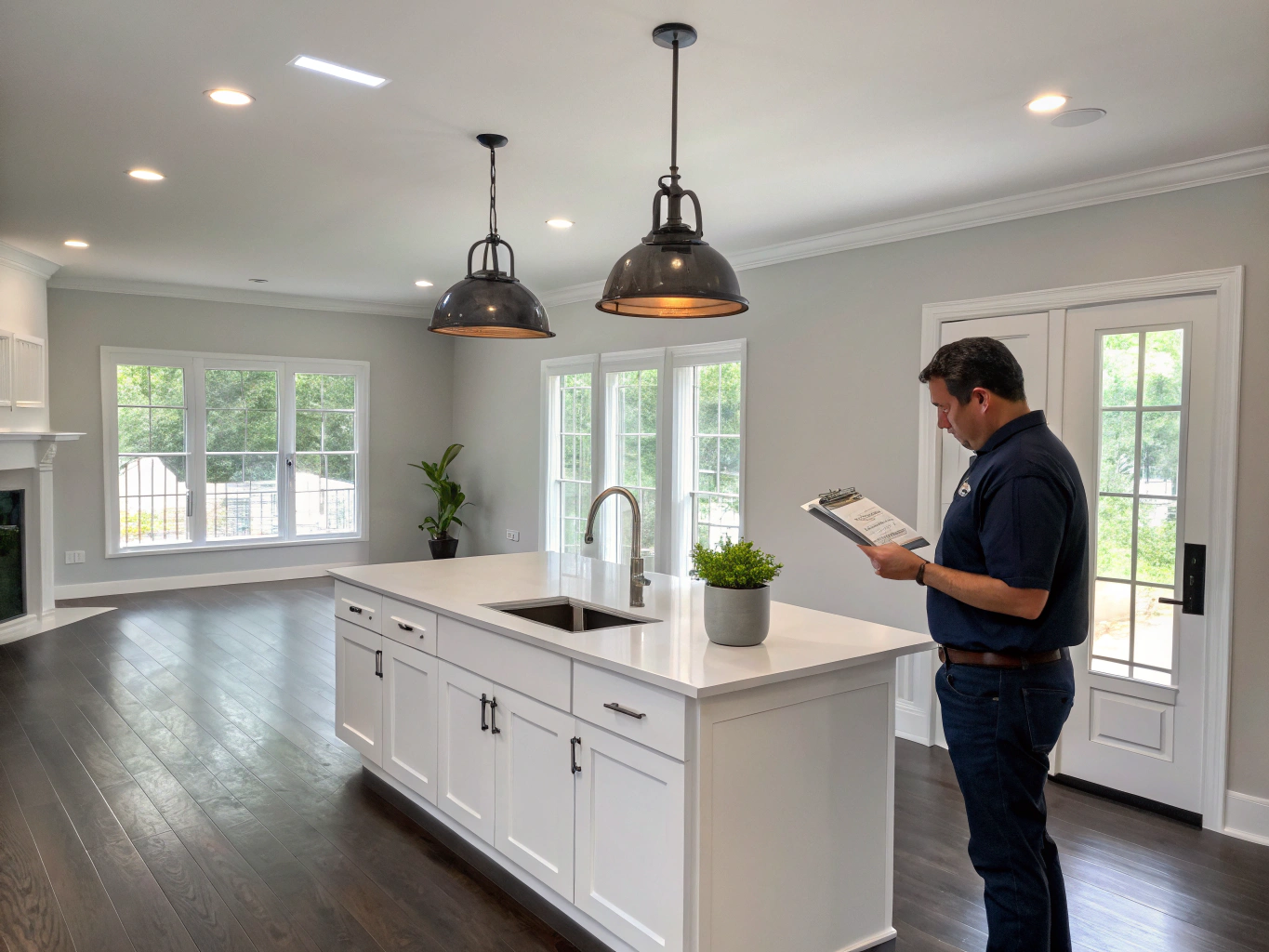 Homeowner and project consultant discussing architectural plans at a kitchen island in Brookhaven