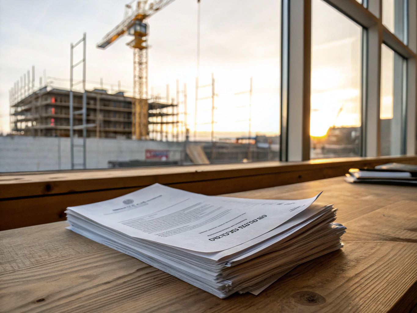 Residential construction permit drawings and building documents on a work table