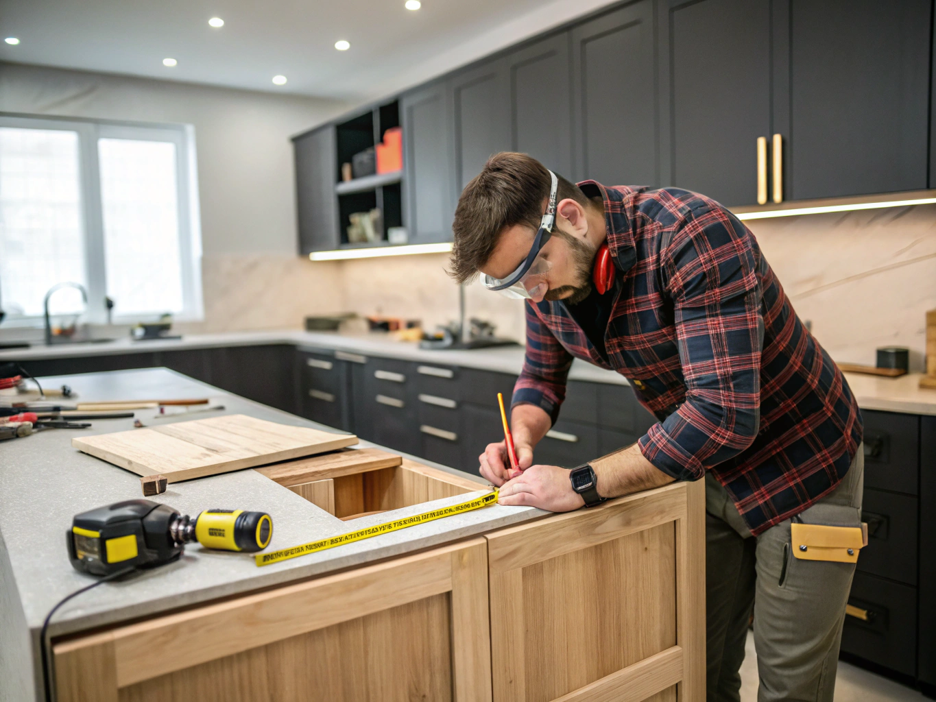 Skilled carpenter installing custom interior cabinetry and wood trim during renovation
