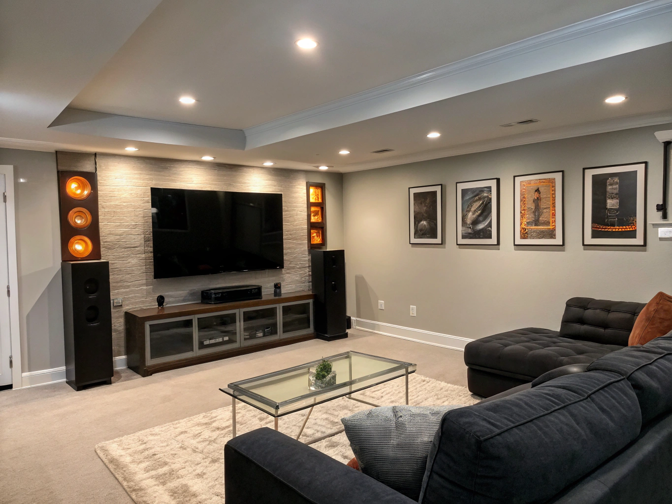Finished entertainment basement with custom built-ins in Sexton Woods