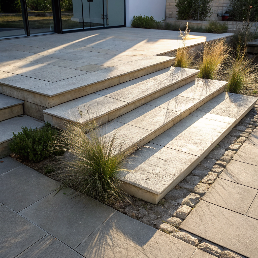 Stone step transition connecting home deck to flagstone backyard patio