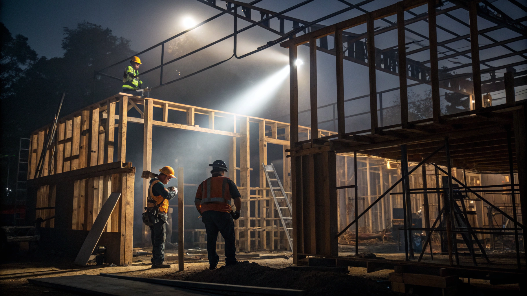 Precision structural beam installation and architectural framing during residential remodeling