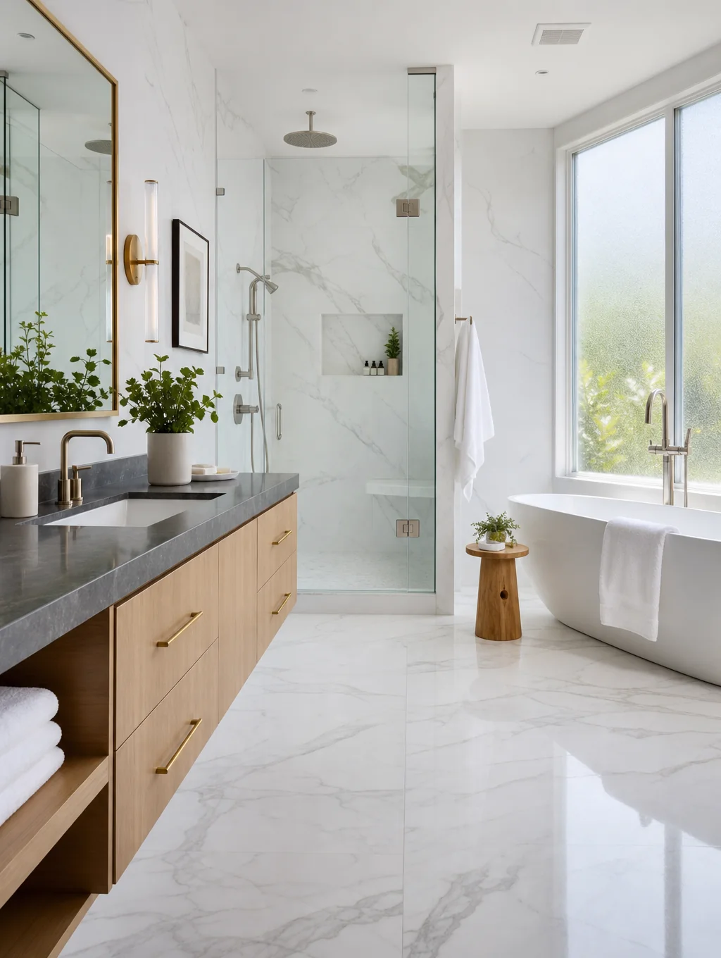 Master bathroom suite renovation featuring walk-in shower and freestanding soaking tub