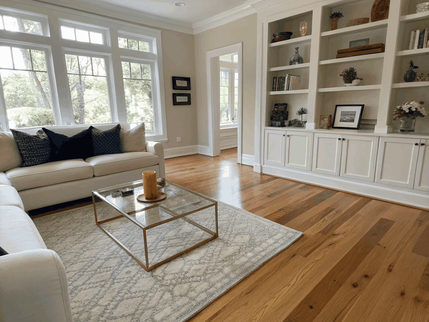 Completed whole-home living room renovation with custom architectural woodwork and wide plank flooring